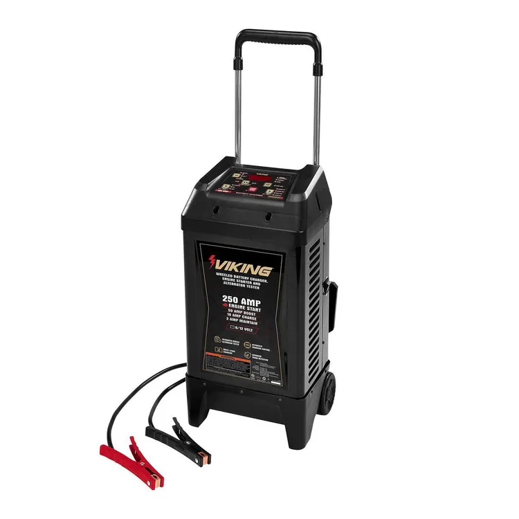 Cargador de baterías con ruedas VIKING de 250 amperios y 6/12 V, arrancador de motor y probador de alternador.